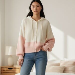 Korean Style Pink & White Color Blocked Button Front Hoodie Sweater Size L